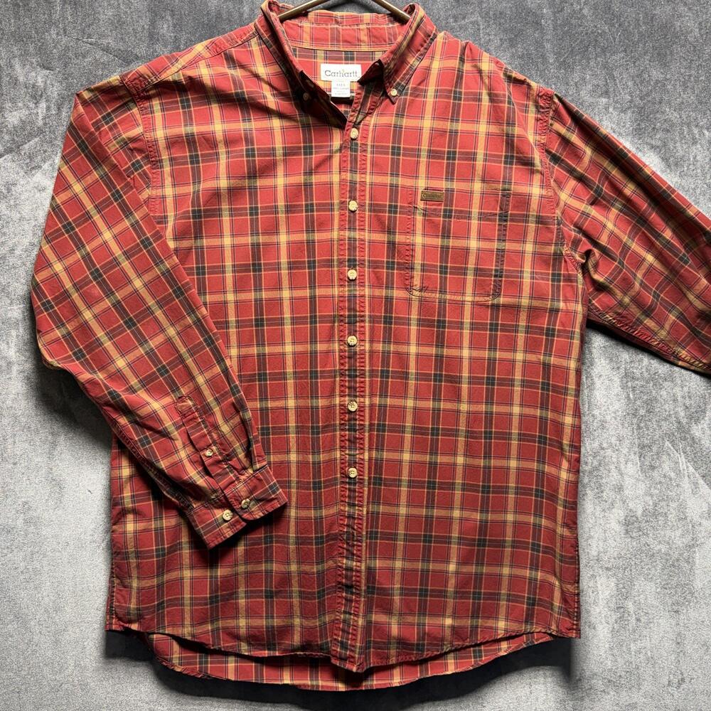 Carhartt Shirt XLT Red Plaid Button Up Long Sleeve Cotton Workwear Pocket